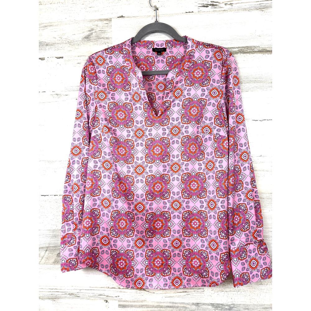 Talbots Womens S Pink Boho Geometric Tunic Pullover Lightweight Blouse Top